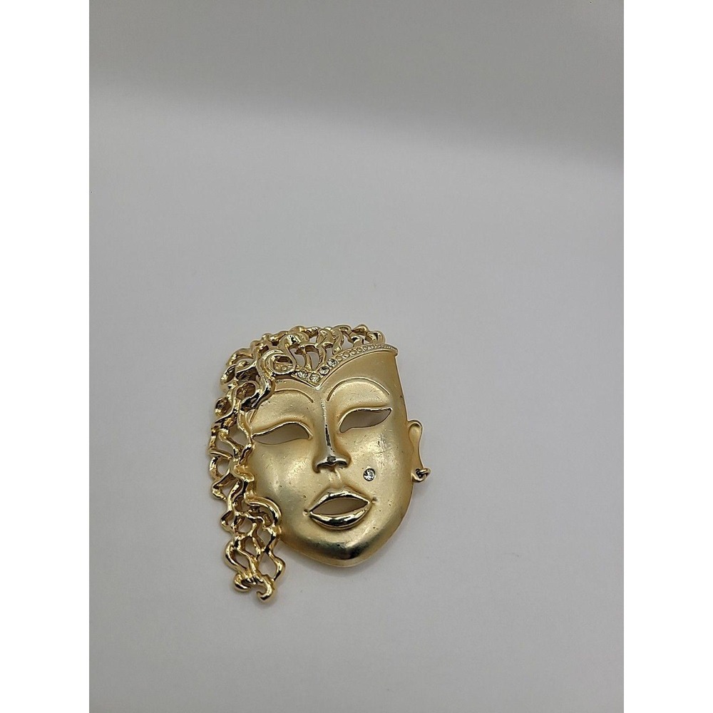 Vintage Gold Tone Drama Mask Brooch pin Rhinestone Beauty Mark Theatrical Face - Picture 2 of 10